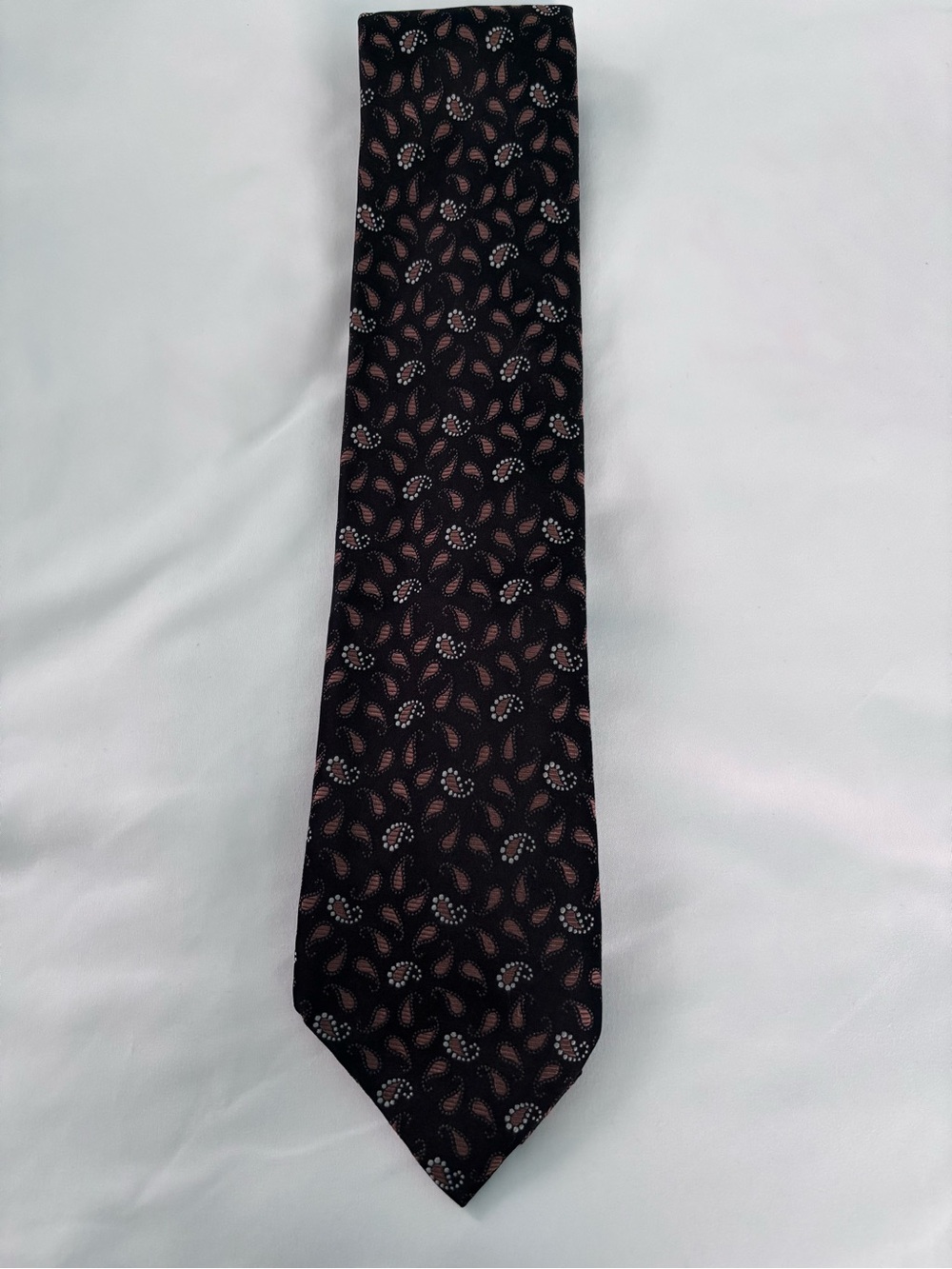Calvin Klein 100% Silk Tie Brown with Tan Paisley and White Dot Accents